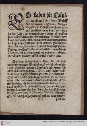 Polycarpi Leisers Churfuerstlichen Sechsischen Hoffpredigers, kurzer und gegründeter Bericht, auf die, unter Daniel Hoffmanns Namen, wieder die zu Dreszden gedruckte christliche Concordiam in offenen Druck ausgesprengte Beschueldigung