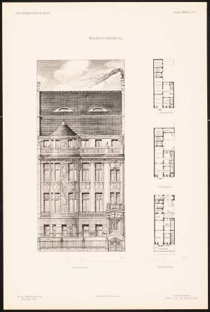 Einfamilienhaus: Ansicht von der Straßenseite, Grundrisse EG, 1. OG, Sockelgeschoss (aus: Entwürfe von Mitgl. d. AVB, Neue Folge 1898/99)