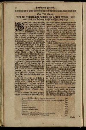 Das VII. Capitel, Von den Fränckischen Königen vor Christi Geburt, und zwar erstlich vom Ursprung des Fränckischen Königreichs