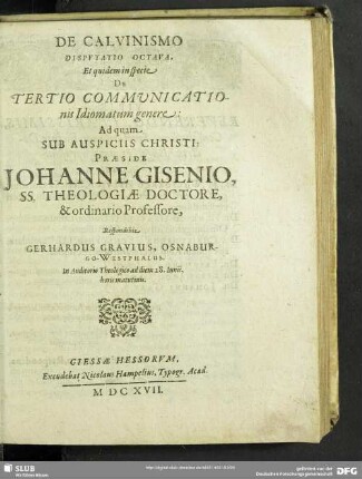 De Calvinismo Disputatio Octava, Et quidem in specie De Tertio Communicatonis Idiomatum genere