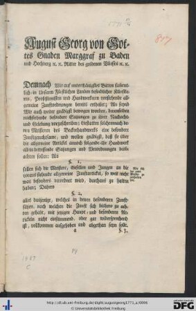 August Georg von Gottes Gnaden Marggraf zu Baden und Hochberg &c. &c. ...