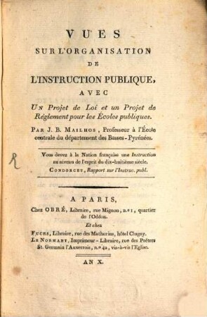 Vues sur l'organisation de l'instruction publique