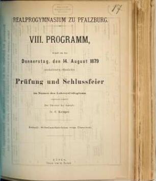 Programm : womit zu der ... abzuhaltenden öffentlichen Prüfung und Schlussfeier im Namen des Lehrer-Collegiums ergebenst einladet, 8. 1878/79