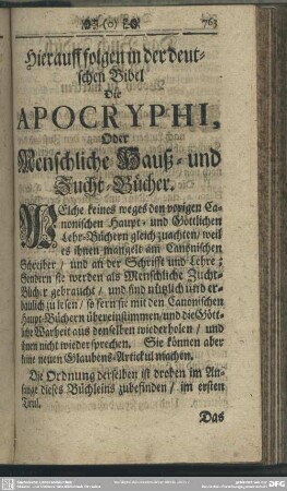 Hierauff folgen in der deutschen Bibel Die Apocryphi, Oder Menschliche Hauß- und Zucht-Bücher