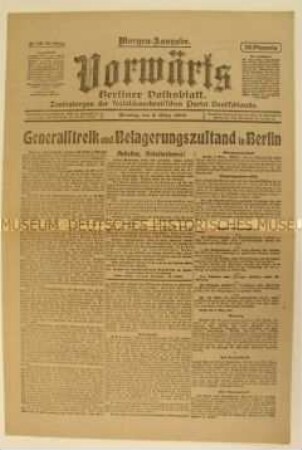 Zentralorgan der SPD "Vorwärts" zum Generalstreik in Berlin