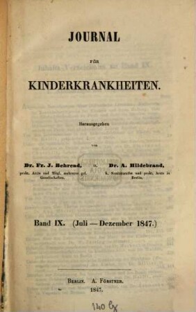 Journal für Kinderkrankheiten. 9. 1847