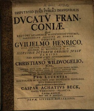 Dispvtatio Jvris Pvblici Inavgvralis De Dvcatv Franconiæ