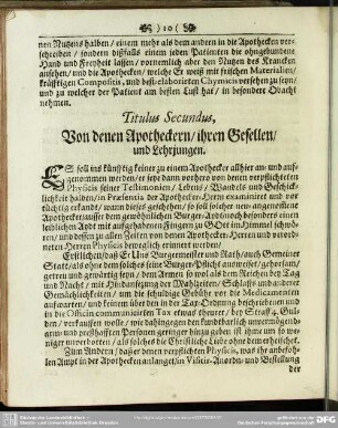 Titulus Secundus, Von denen Apotheckern, ihren Gesellen, und Lehrjungen