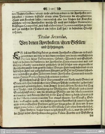 Titulus Secundus, Von denen Apotheckern, ihren Gesellen, und Lehrjungen