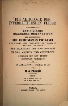 Die Aetiologie der intermittirenden Fieber : Inaug. Diss.