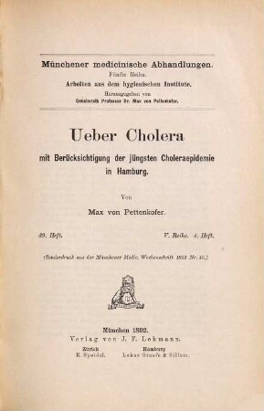 Ueber Cholera : mit Berücksichtigung der jüngsten Choleraepidemie in Hamburg