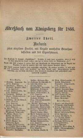 Zweiter Theil. Nachweis jedes einzelnen Hauses, mit Angabe namhafter Bewohner desselben und des Eigenthümers.