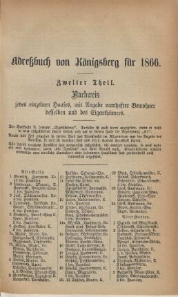 Zweiter Theil. Nachweis jedes einzelnen Hauses, mit Angabe namhafter Bewohner desselben und des Eigenthümers.