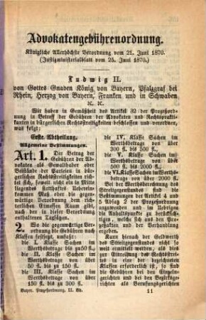 Prozeßordnung in bürgerlichen Rechtsstreitigkeiten für das Königreich Bayern : [Verordnungen u.s.w. zur Bayerischen Prozeßordnung ...]. 2,5, Advokatengebührenordnung ...