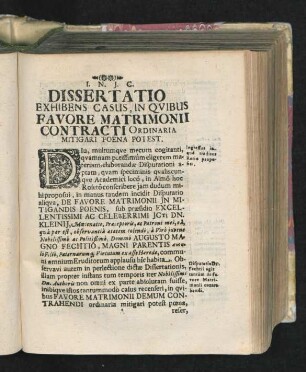 Dissertatio Exhibens casus, In Quibus Favore Matrimonii Contracti Ordinaria Mitigari Poena Potest.