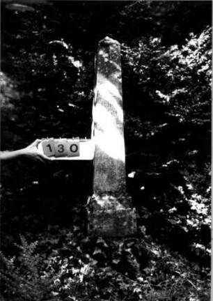 Grabstein 130 (Index: 100109379) Material: Kunststein (?) Zustand: leicht verwittert Maße HxBxT: 160x90x31 cm Beschreibung: Obelisk, getreppter Sockel, unterer Sockelteil rustica: Grabstein 130