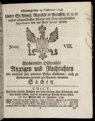 Num. VIII. Montags den 19. Februarii 1748.