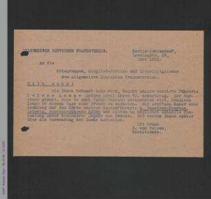 Rundschreiben von Dorothee von Velsen an die Ortsgruppen und Mitgliedsvereine des ADF