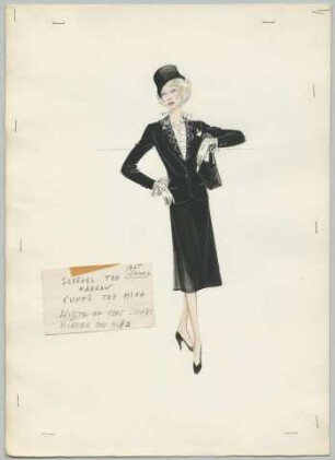 Ein schwarzes Samtkostüm mit wadenlangem Rock, Jacke, Hut und Handschuhen (Archivtitel)