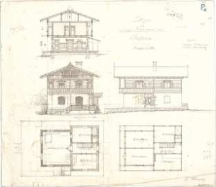 Thiersch, August ; Staffelsee (Bayern); Landhaus, Projekt - Grundrisse, Ansichten, Schnitt