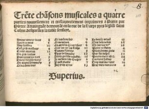 Trẽte chãsons musicales a quatre/ parties nouuellement et trescorrectement imprimees