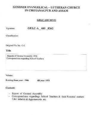 Report of General Assembly 1946 & Correspondence Regarding School