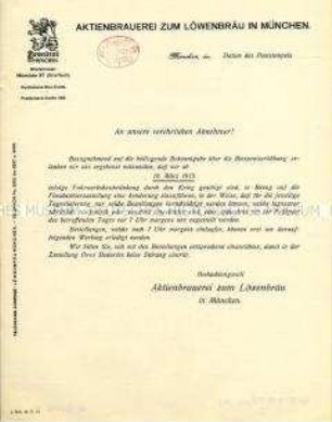 Rundschreiben der "Aktienbrauerei zum Löwenbräu" München an die Kunden zur Vorberstellung von Flaschenbier