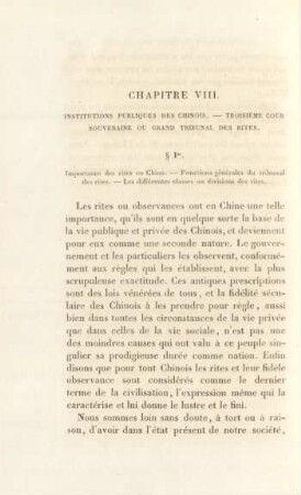 Chapitre VIII. Institutions publiques des chinois. - Troisième cour souveraine ou grand tribunal des rites