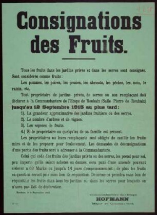"Consignation des Fruits" (Aufforderung zur Anmeldung von Obstbeständen) (No. 150)