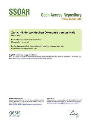 Zur Kritik der politischen Ökonomie : erstes Heft