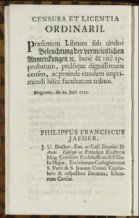 Censura Et Licentia Ordinarii.