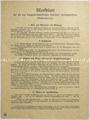 Merkblatt für Personen, die aus kriegswirtschaftlichen Gründen vom Militärdienst zurückgestellt wurden