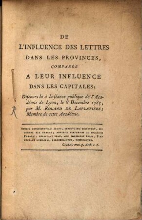 De l'influence des lettres dans les provinces