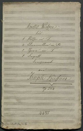 Apollo-Walzer, fl, cl (2), cor, fag, op. 264, HenK 264, F-Dur - BSB Mus.Schott.Ha 4216 : [title page:] Apollo Walzer // für // 1 Flöthe in F // 2 Clarinetten in B // 1 Horn in F // 1 Fagott // komponirt // von // Joseph Küffner // op. 264 // 4485