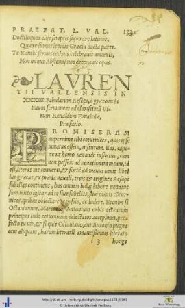 Ex Laurentii Valensis XXXIII Fabulis Aesopi e græco in latinum sermonem cum Præfatione