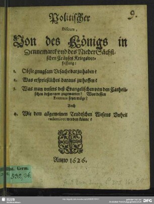 Politischer Discurs, von des Königs in Dennemarck und des NiederSächsischen Cräyses Kriegsverfassung