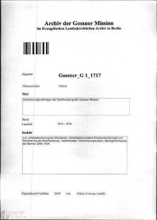 Versicherungsunterlagen der Buchhandlung der Gossner Mission