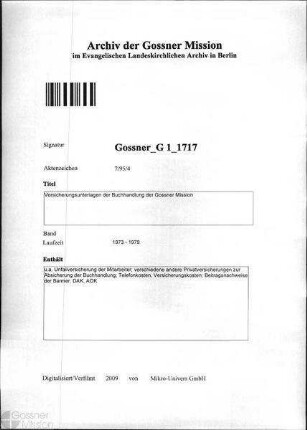 Versicherungsunterlagen der Buchhandlung der Gossner Mission