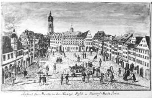 Jena. Prospekt des Marktes. Handkolorierter Stich von Schenk um 1790