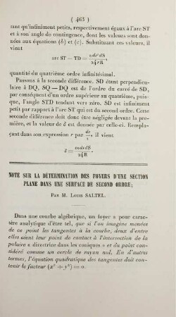 Note sur la détermination des foyers d 'une section plane dans une surface de second ordre.