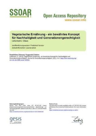 Vegetarische Ernährung - ein bewährtes Konzept für Nachhaltigkeit und Generationengerechtigkeit