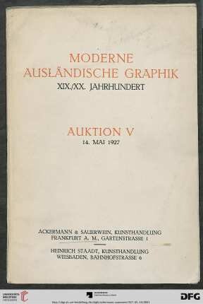 Moderne ausländische Graphik, XIX./XX. Jahrhundert : [Versteigerung, den 14. Mai 1927] (Katalog Nr. 5)