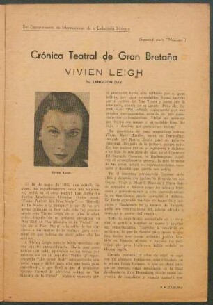 Crónica teatral de Gran Bretaña : Vivien Leigh - Del departamento de informaciones de la embajada británica