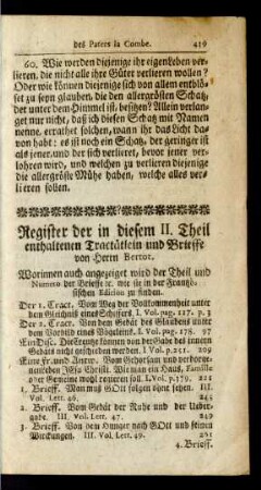 Register der in diesem II. Theil enthaltenen Tractätlein und Brieffe von Hern Bertot