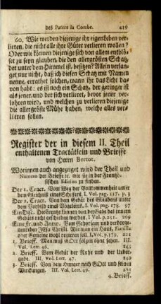 Register der in diesem II. Theil enthaltenen Tractätlein und Brieffe von Hern Bertot