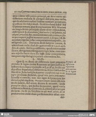 §. XLIII. Exempla de differentia regularum juris naturalis & legum Romanarum