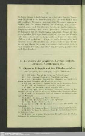 8. Verzeichnis der gehaltenen Vorträge, Berichte, Lektionen, Vorführungen etc.