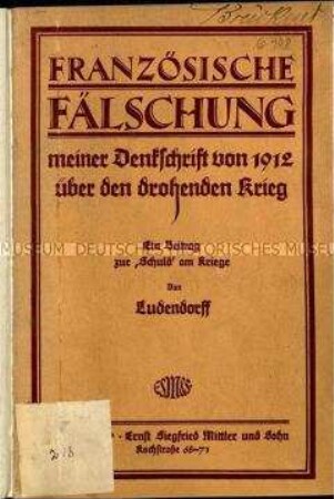 Veröffentlichung von Erich Ludendorff über die Kriegsschuldfrage am Ersten Weltkrieg