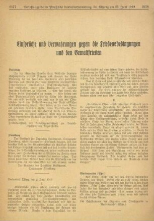 Einsprüche und Verwahrungen gegen die Friedensbedingungen und den Gewaltfrieden