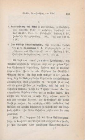 131-138 [Rezension] Güttler, Carl, Naturforschung und Bibel in ihrer Stellung zur Schöpfung
